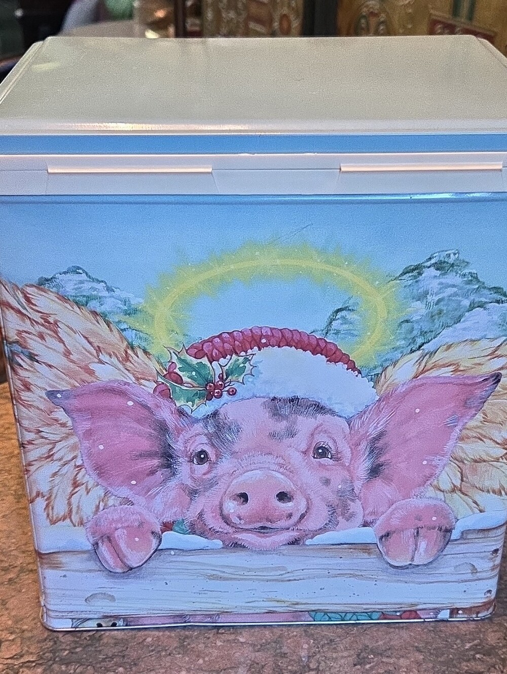 Vintage Whimsical Angel Pig Storage Tin - Santa Hat And Holly